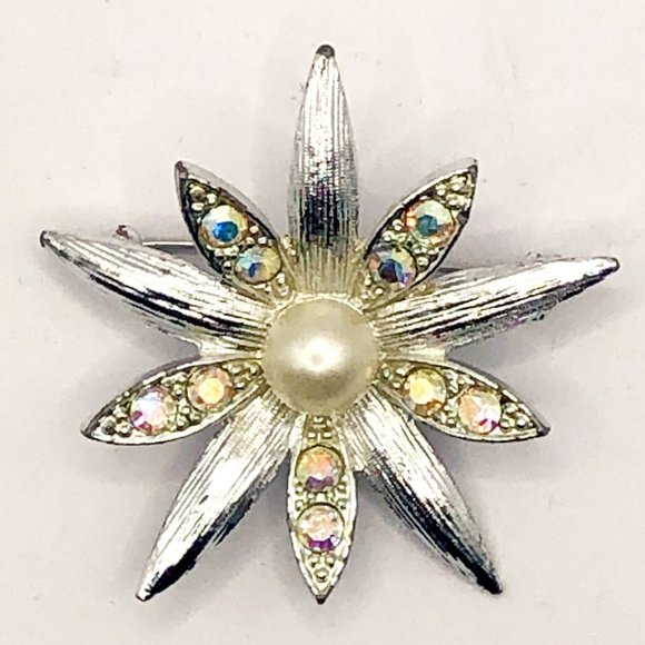 Emmons Signed Vintage Brooch Flower AB Crystal Aurora Borealis Rhinestones - Picture 3 of 13